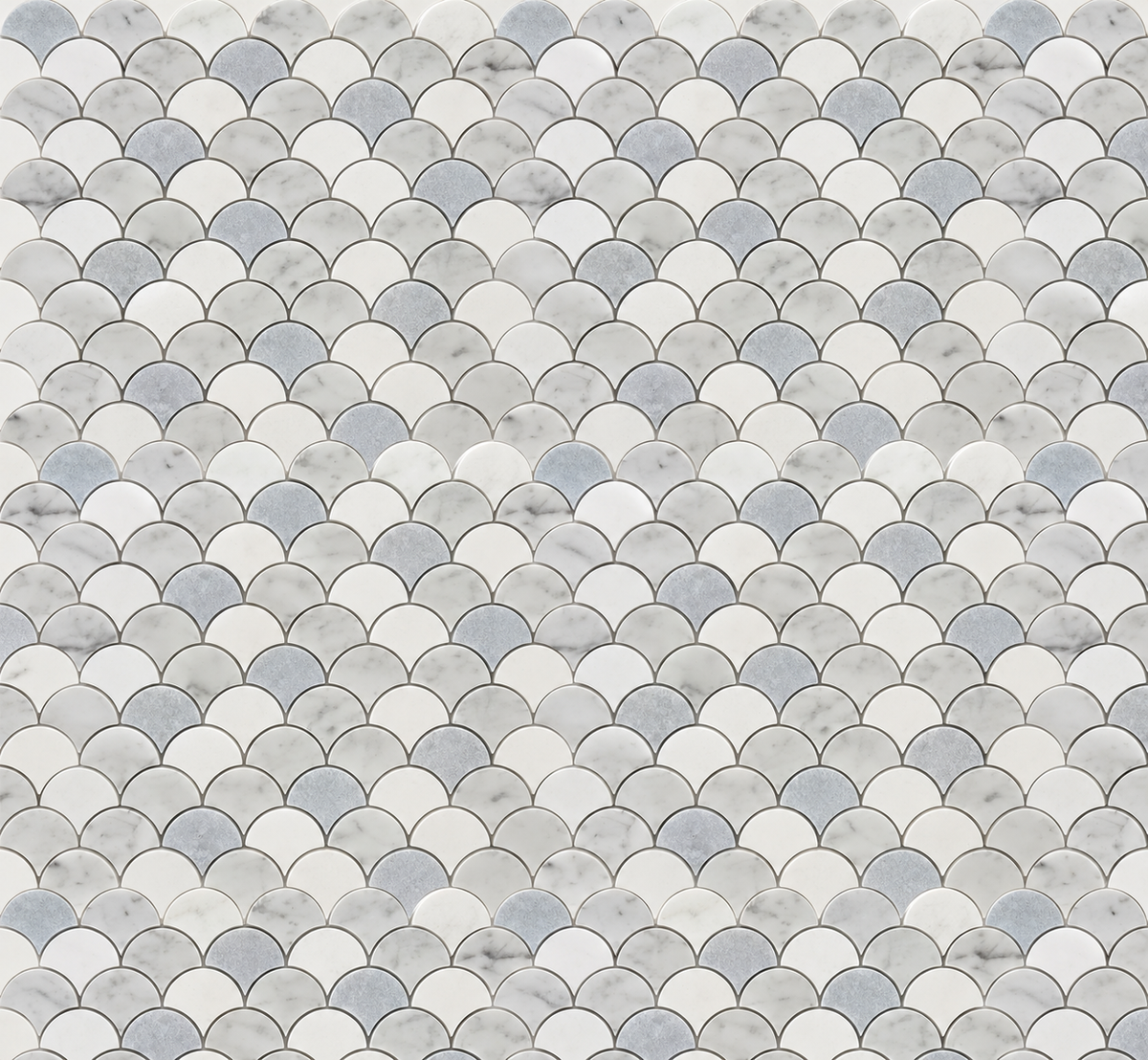 Glam Blue Mix Carrara Fan 12x12 Polished Marble Mosaic Tile — AI-generated expanded pattern visualization; refer to original product photo for material details