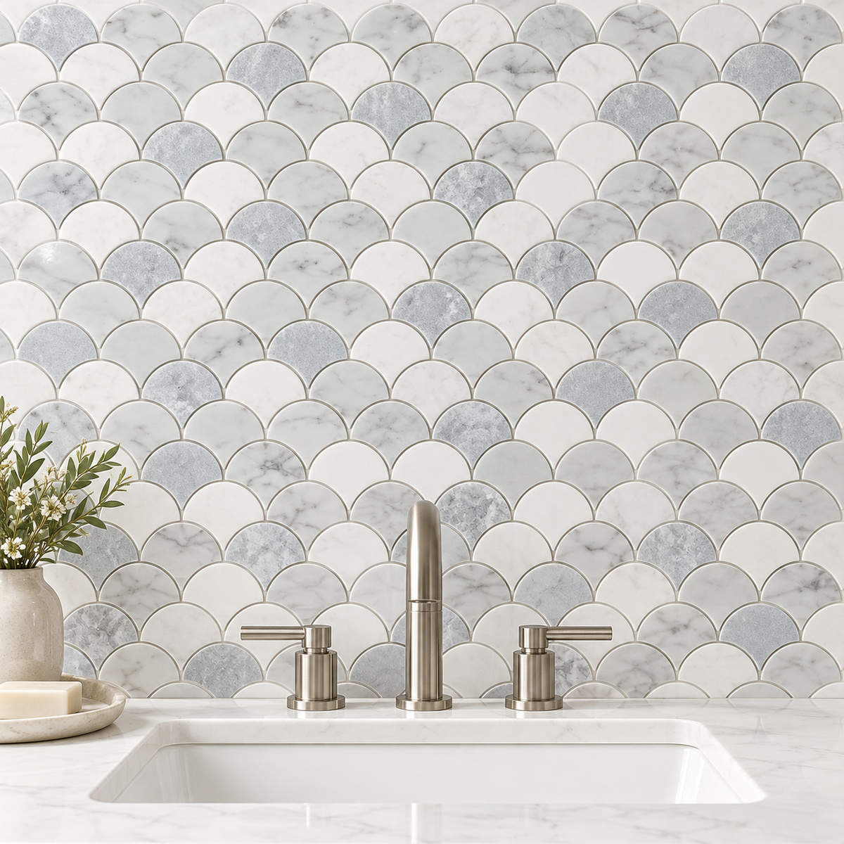 Glam Blue Mix Carrara Fan 12x12 Polished Marble Mosaic Tile — AI-generated room visualization; refer to original product photo for material details