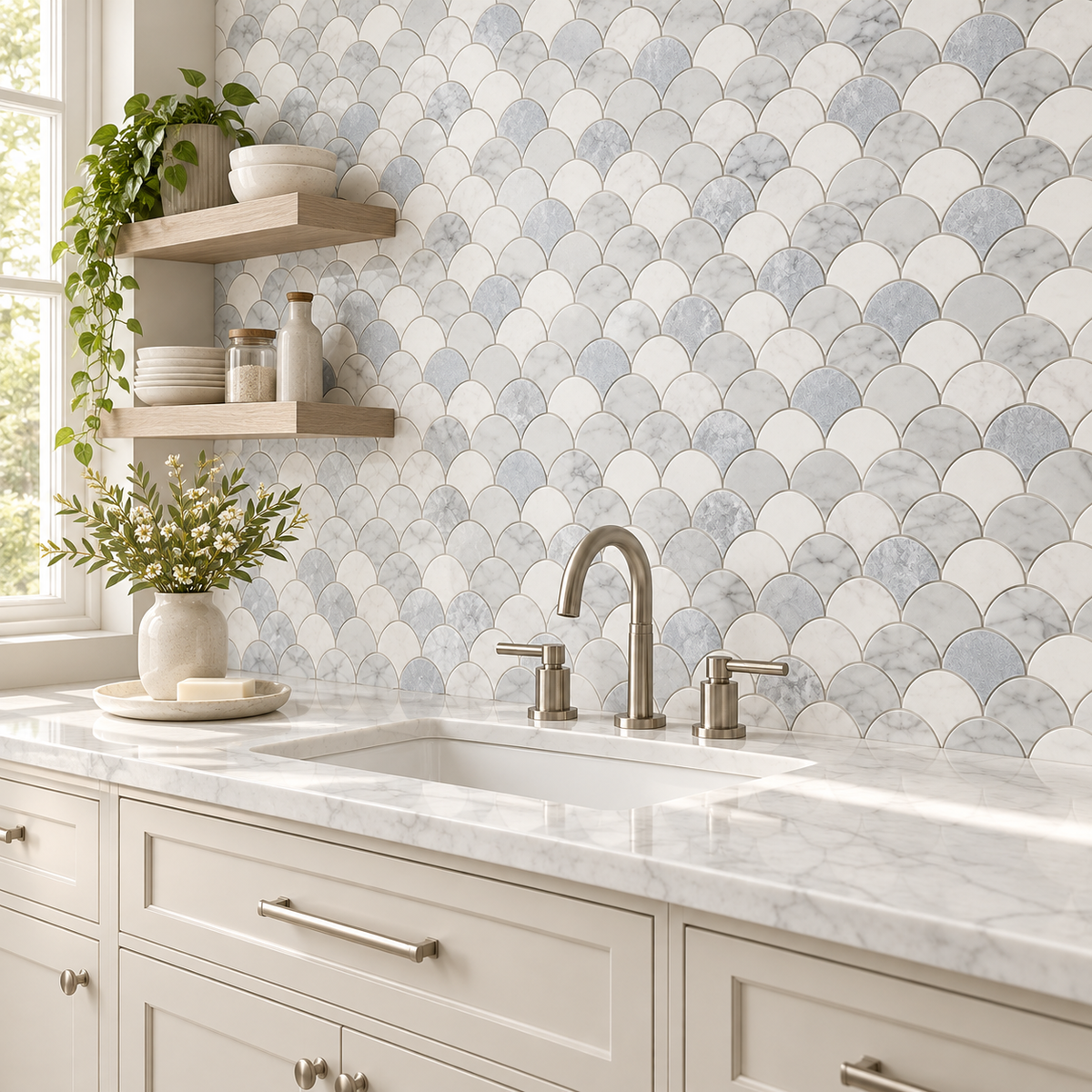 Glam Blue Mix Carrara Fan 12x12 Polished Marble Mosaic Tile — AI-generated alternate room angle visualization; refer to original product photo for material details