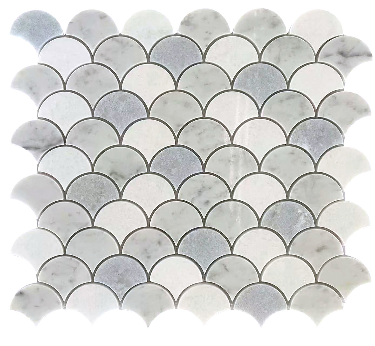 Glam Blue Mix Carrara Fan 12x12 Polished Marble Mosaic Tile — full sheet