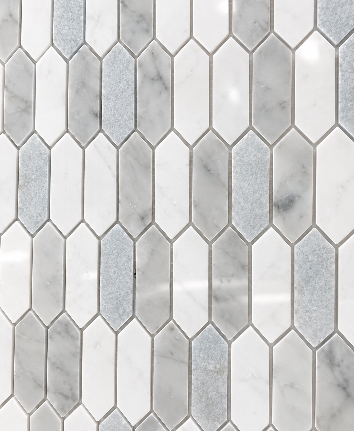 Glam Blue & White Mix Picket 12x12 Polished Marble Mosaic Tile — AI-generated detail close-up visualization; refer to original product photo for material details