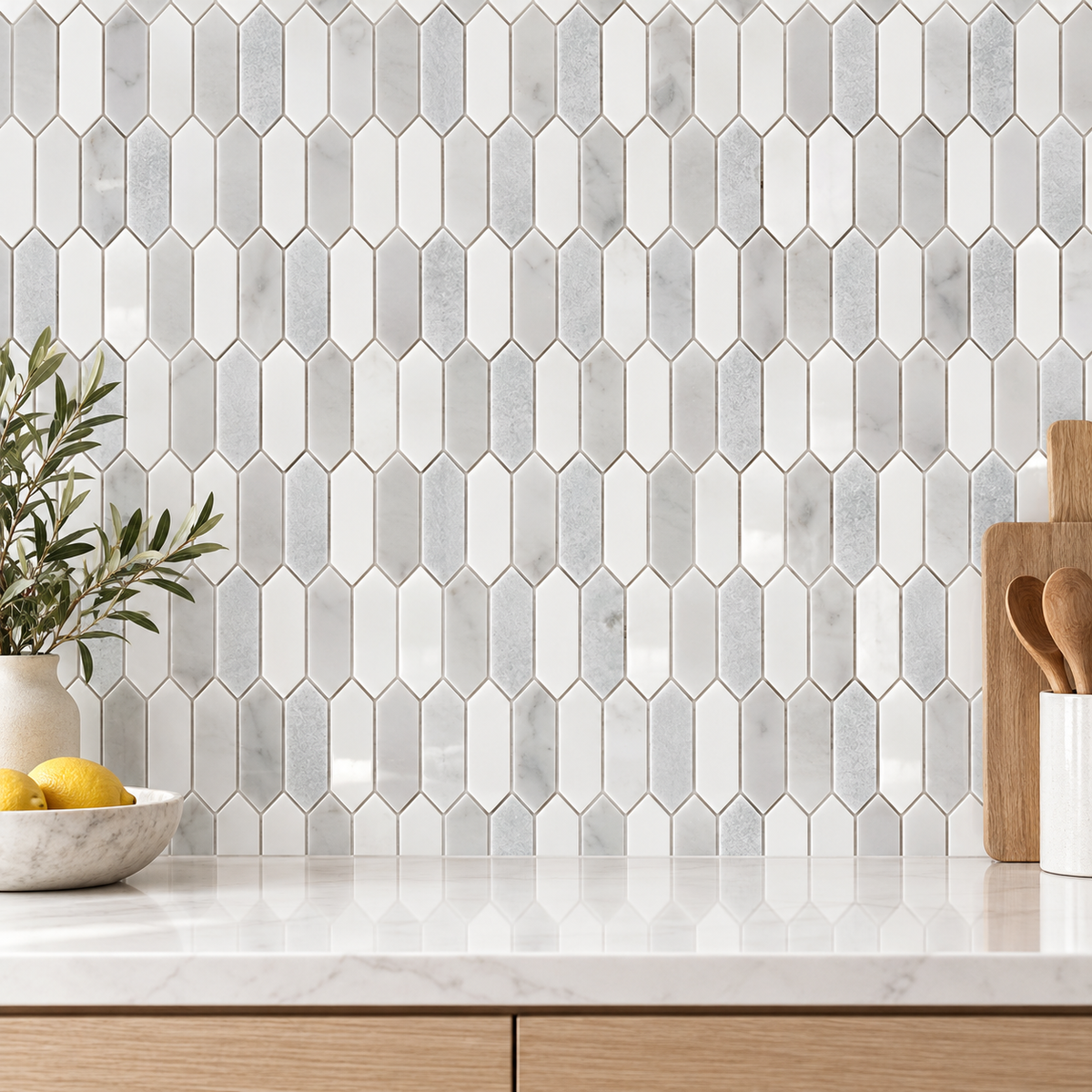 Glam Blue & White Mix Picket 12x12 Polished Marble Mosaic Tile — AI-generated room visualization; refer to original product photo for material details