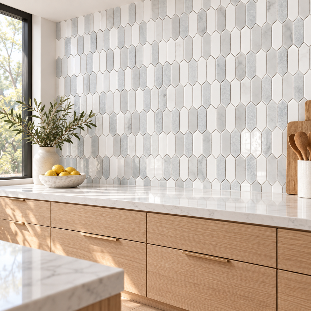 Glam Blue & White Mix Picket 12x12 Polished Marble Mosaic Tile — AI-generated alternate room angle visualization; refer to original product photo for material details