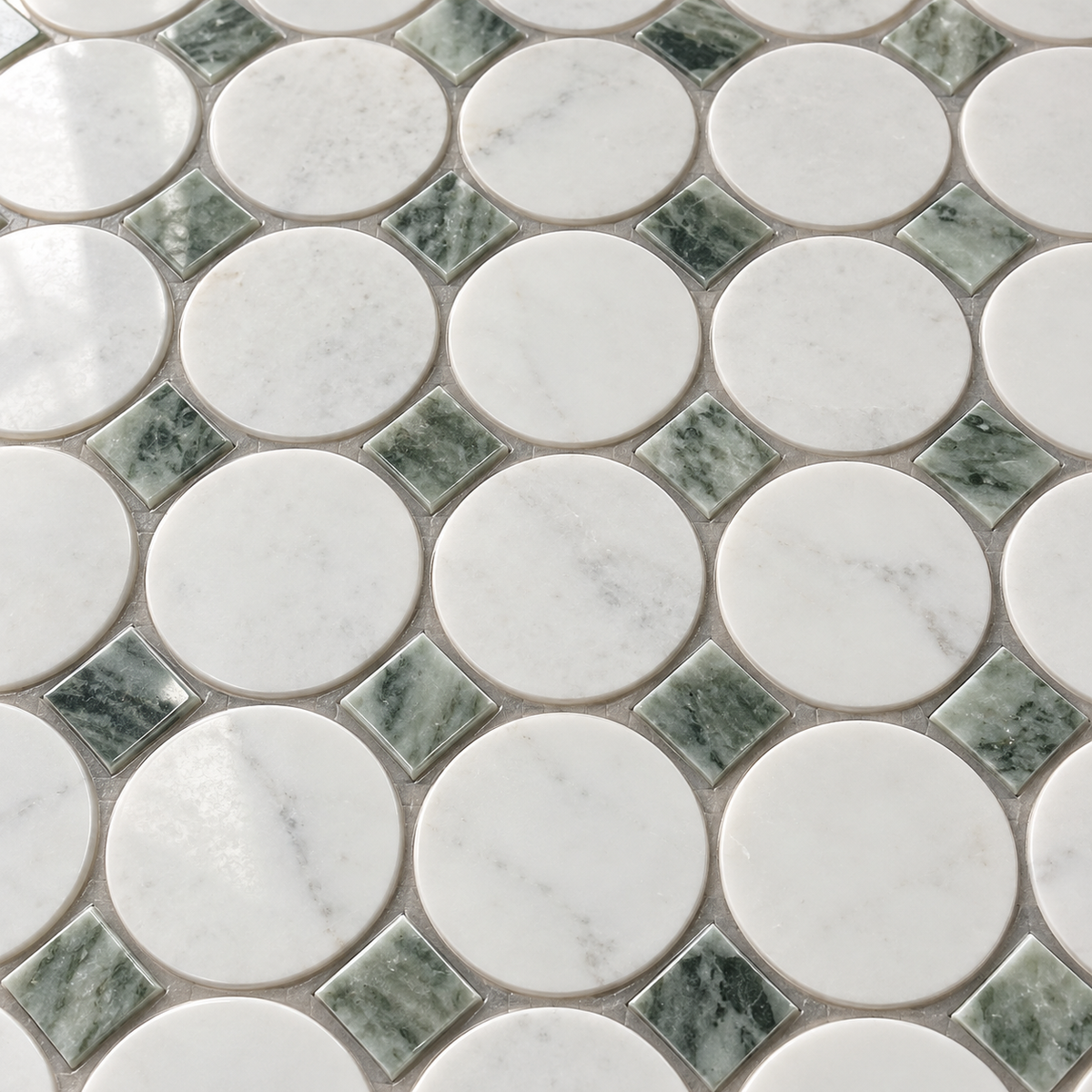 Glam Green Marble & Thassos Circle 12x12 Polished Marble Mosaic Tile — AI-generated detail close-up visualization; refer to original product photo for material details