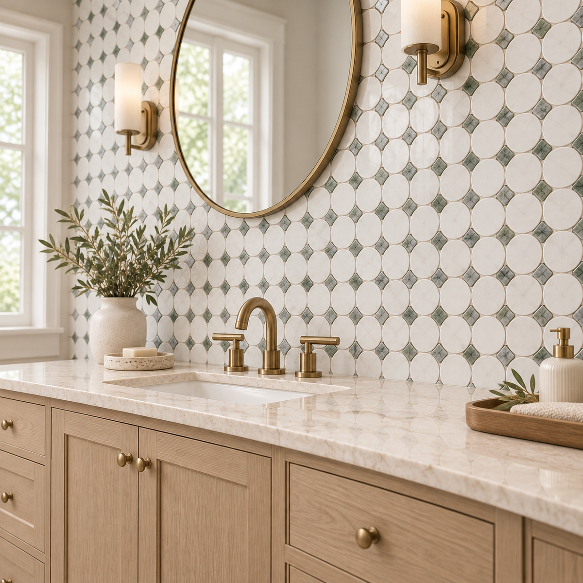 Glam Green Marble & Thassos Circle 12x12 Polished Marble Mosaic Tile — AI-generated alternate room angle visualization; refer to original product photo for material details