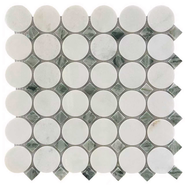 Glam Green Marble & Thassos Circle 12x12 Polished Marble Mosaic Tile