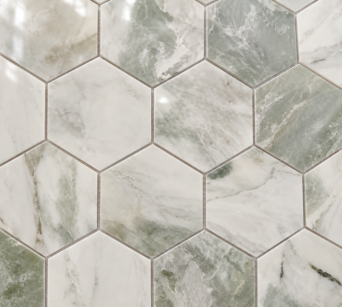 Glam Green Marble Hexagon 12x12 Polished Marble Mosaic Tile — AI-generated detail close-up visualization; refer to original product photo for material details