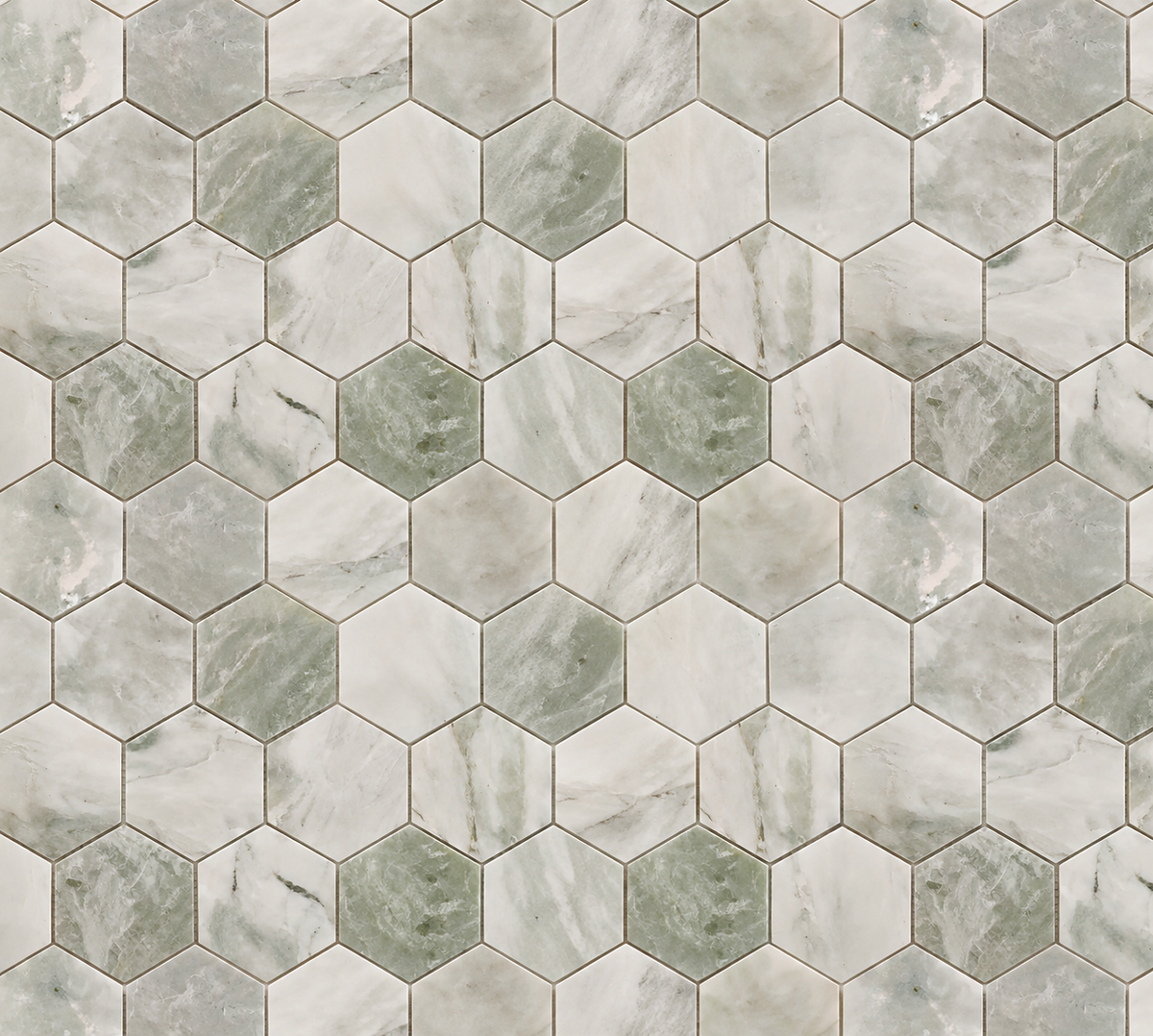 Glam Green Marble Hexagon 12x12 Polished Marble Mosaic Tile — AI-generated expanded pattern visualization; refer to original product photo for material details