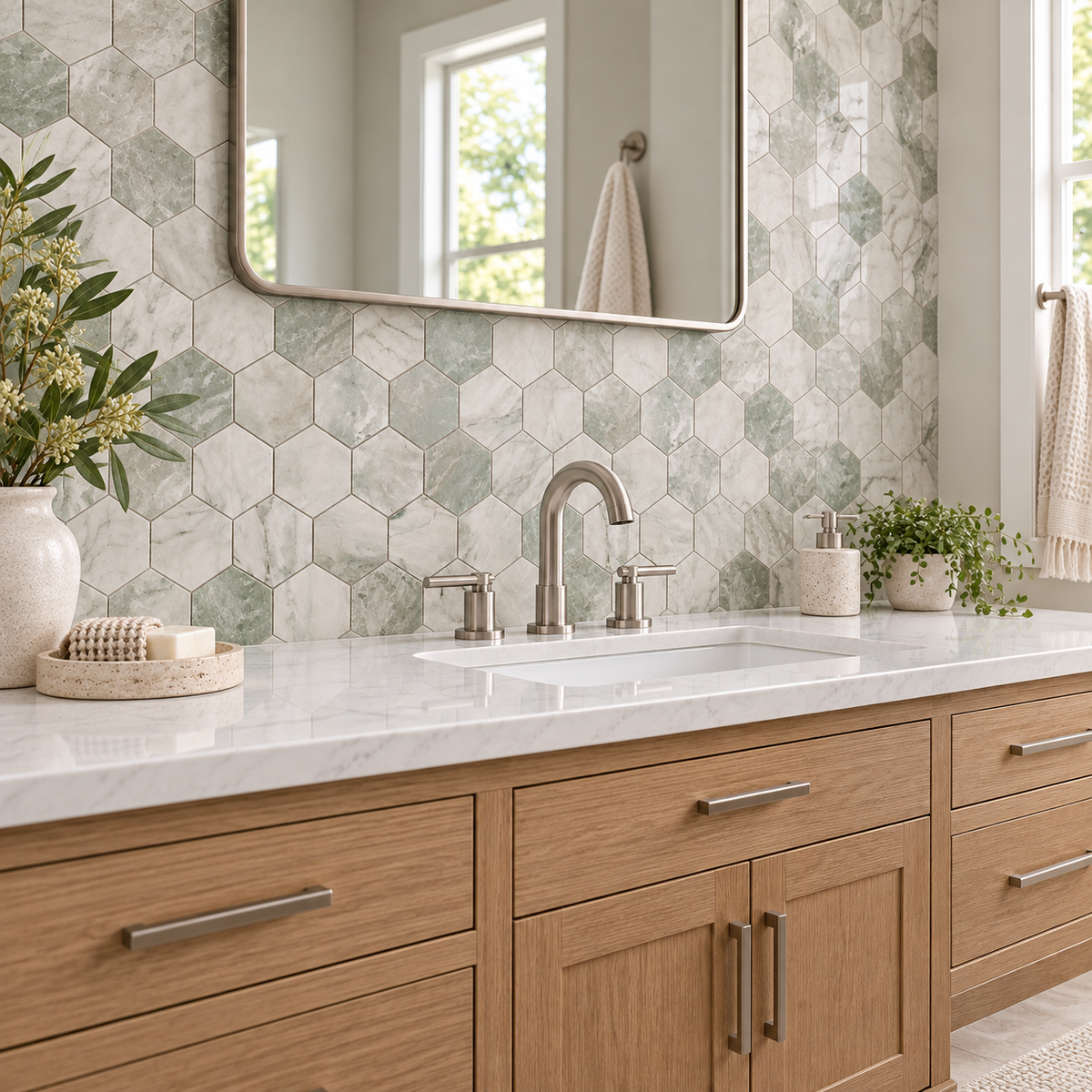 Glam Green Marble Hexagon 12x12 Polished Marble Mosaic Tile — AI-generated alternate room angle visualization; refer to original product photo for material details