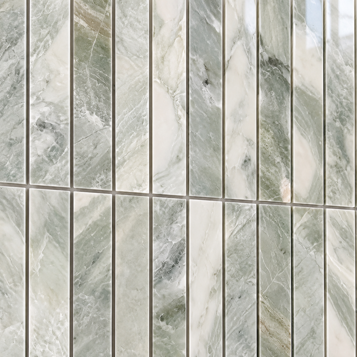 Glam Green Marble Mix Stacked 12x12 Polished Marble Mosaic Tile — AI-generated detail close-up visualization; refer to original product photo for material details