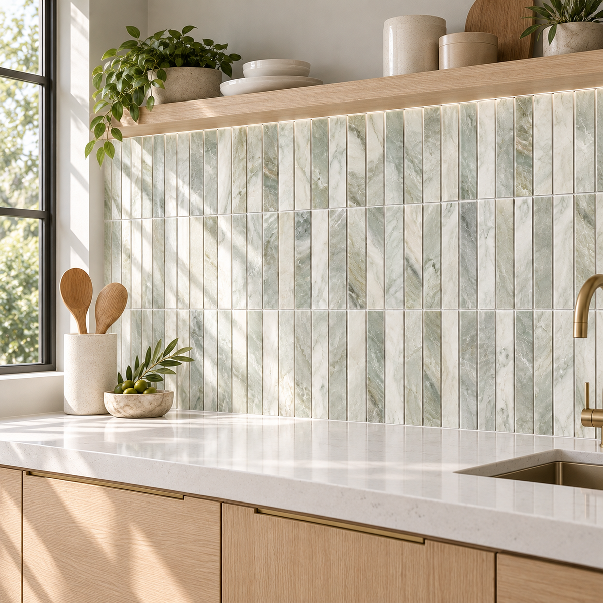 Glam Green Marble Mix Stacked 12x12 Polished Marble Mosaic Tile — AI-generated alternate room angle visualization; refer to original product photo for material details
