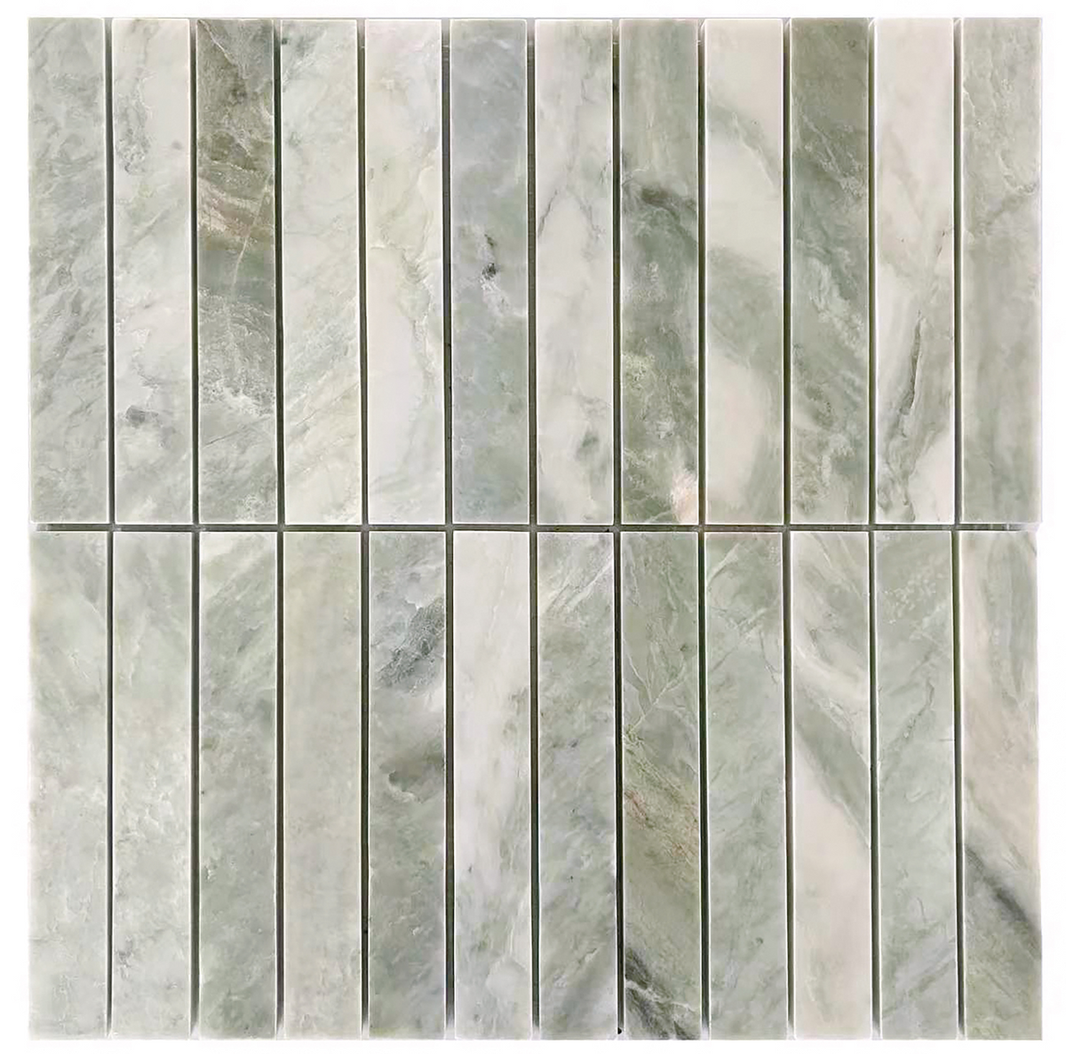 Glam Green Marble Mix Stacked 12x12 Polished Marble Mosaic Tile — full sheet