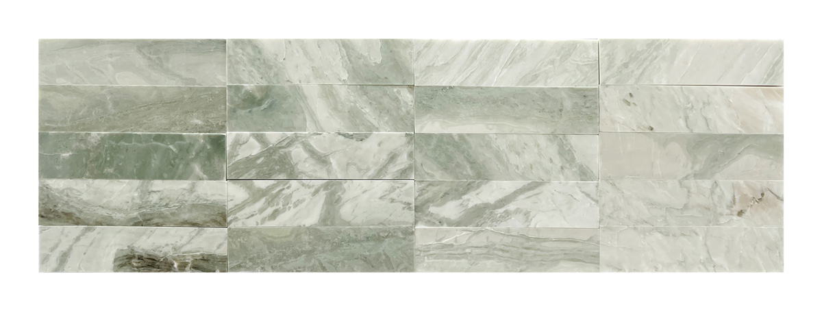 Glam Green Marble Brick 2x10 Polished Marble Tile — layout shows multiple individually sold pieces
