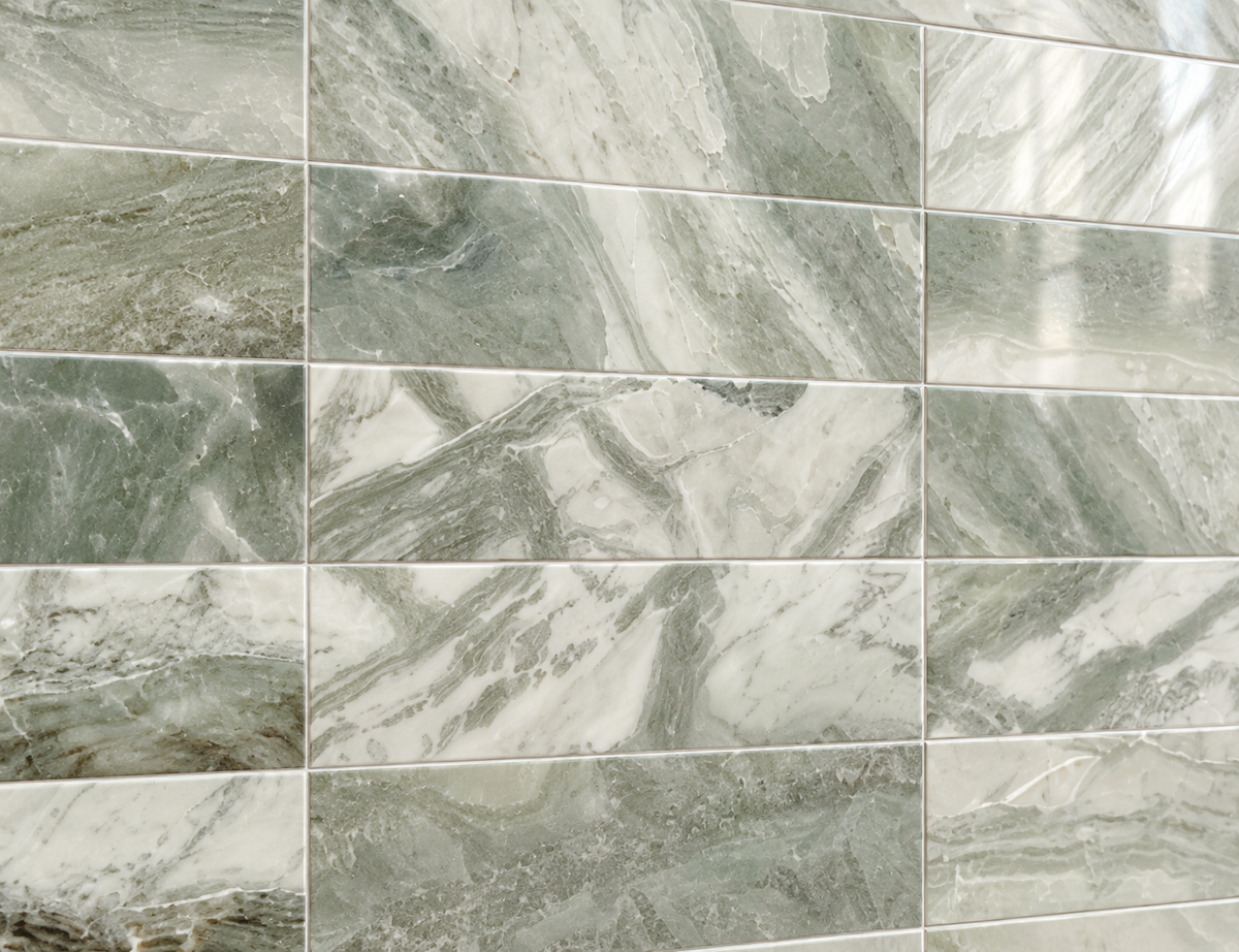 Glam Green Marble Brick 2x10 Polished Marble Tile — AI-generated detail close-up visualization; refer to original product photo for material details