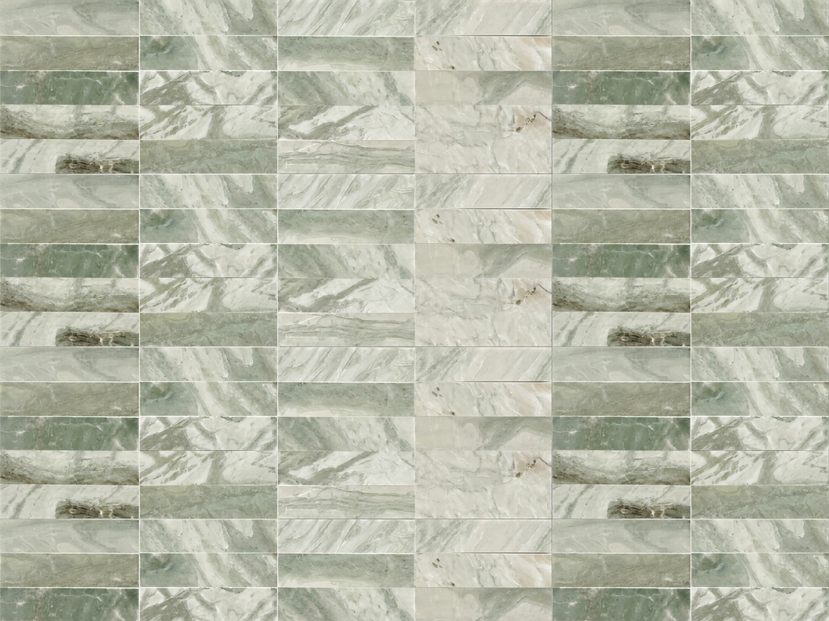 Glam Green Marble Brick 2x10 Polished Marble Tile — AI-generated expanded pattern visualization; refer to original product photo for material details