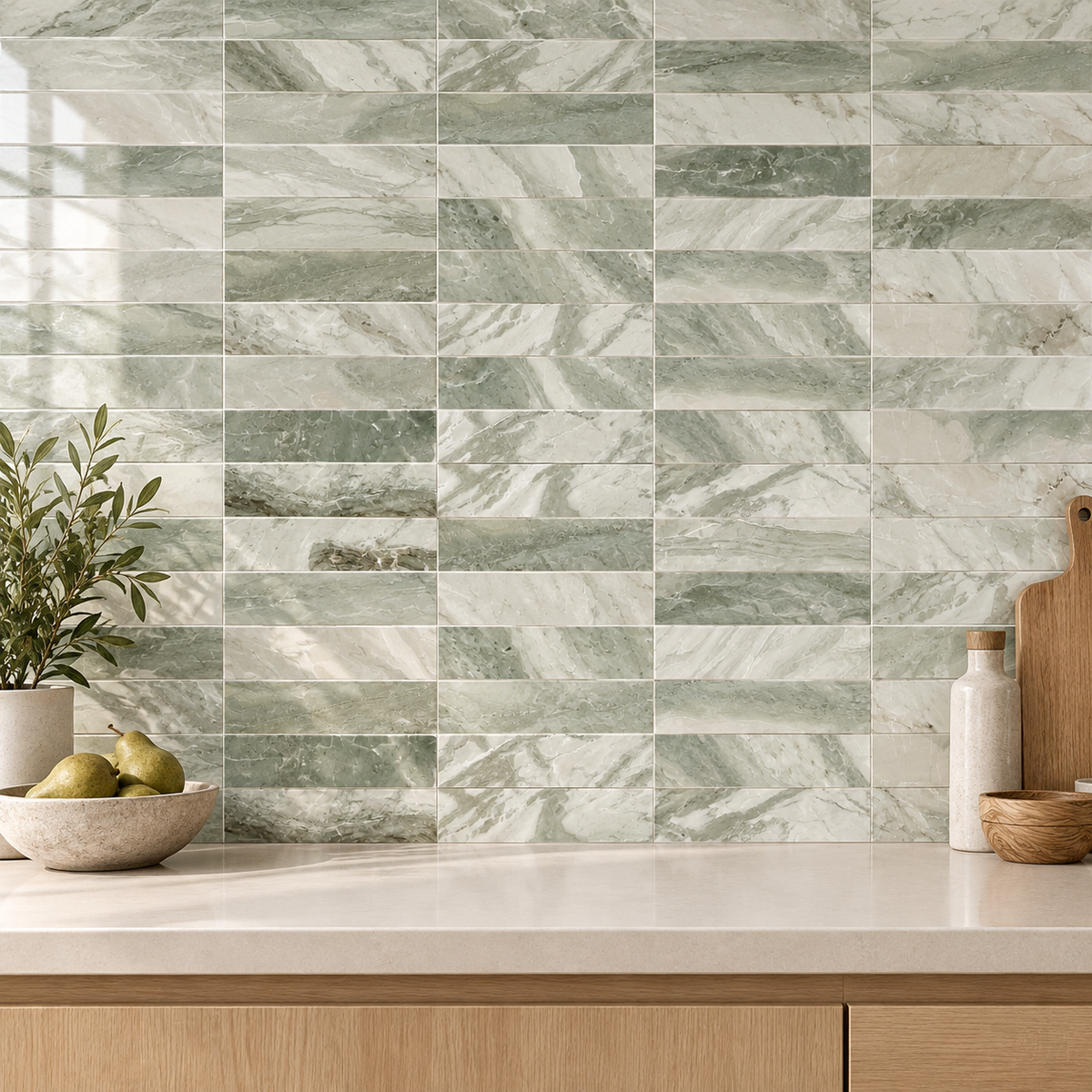 Glam Green Marble Brick 2x10 Polished Marble Tile — AI-generated room visualization; refer to original product photo for material details