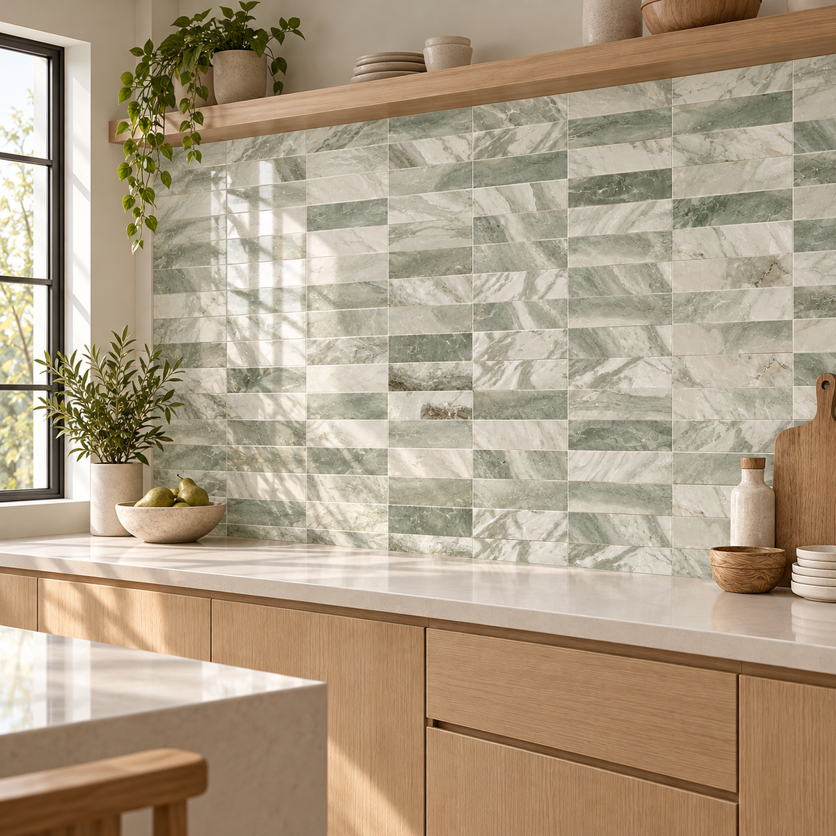 Glam Green Marble Brick 2x10 Polished Marble Tile — AI-generated alternate room angle visualization; refer to original product photo for material details