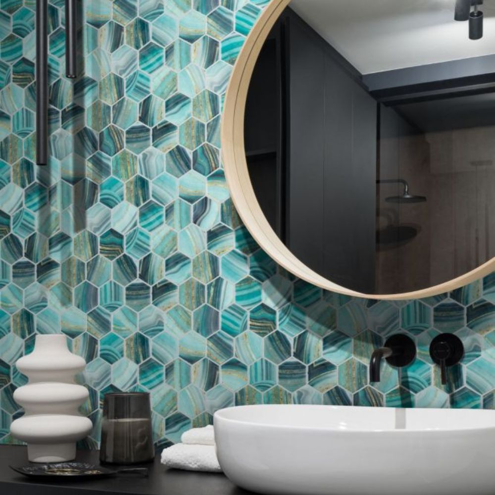 Aquatic Onyx Teal Hexagon Glass 11.25x11.25 Mosaic Tile
