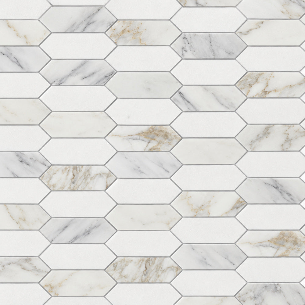 Altessa Calacatta 11.75x15 Gold & Thassos Elongated Hex Marble Mosaic close-up