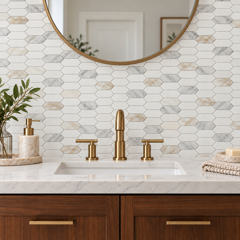 Altessa Calacatta 11.75x15 Gold & Thassos Elongated Hex Marble Mosaic room scene