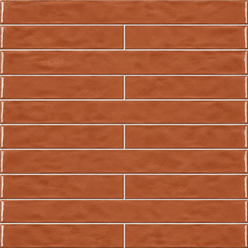 Ambrya copper 2x20 glossy ceramic tile — straight-on close-up