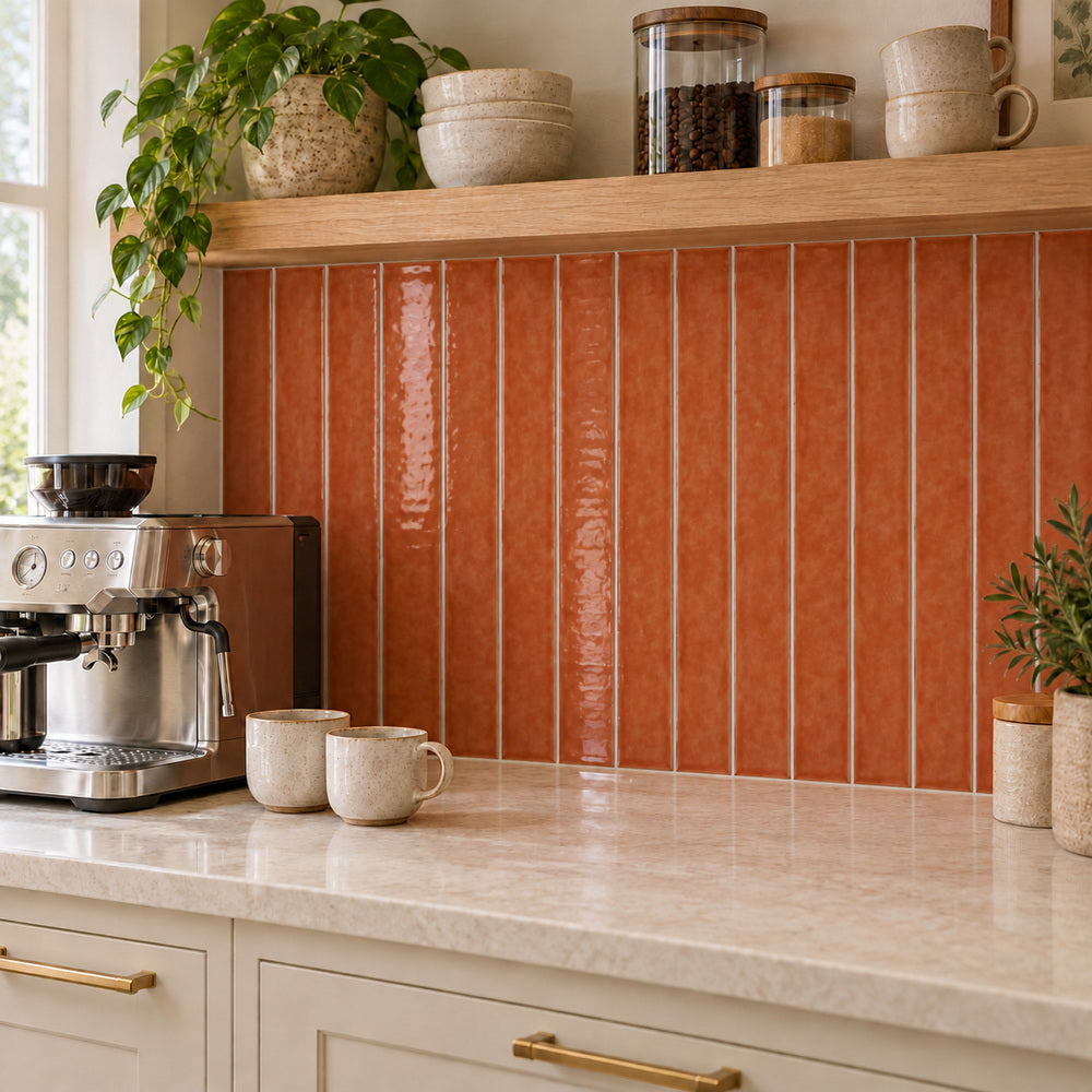 Ambrya copper 2x20 glossy ceramic tile — room scene
