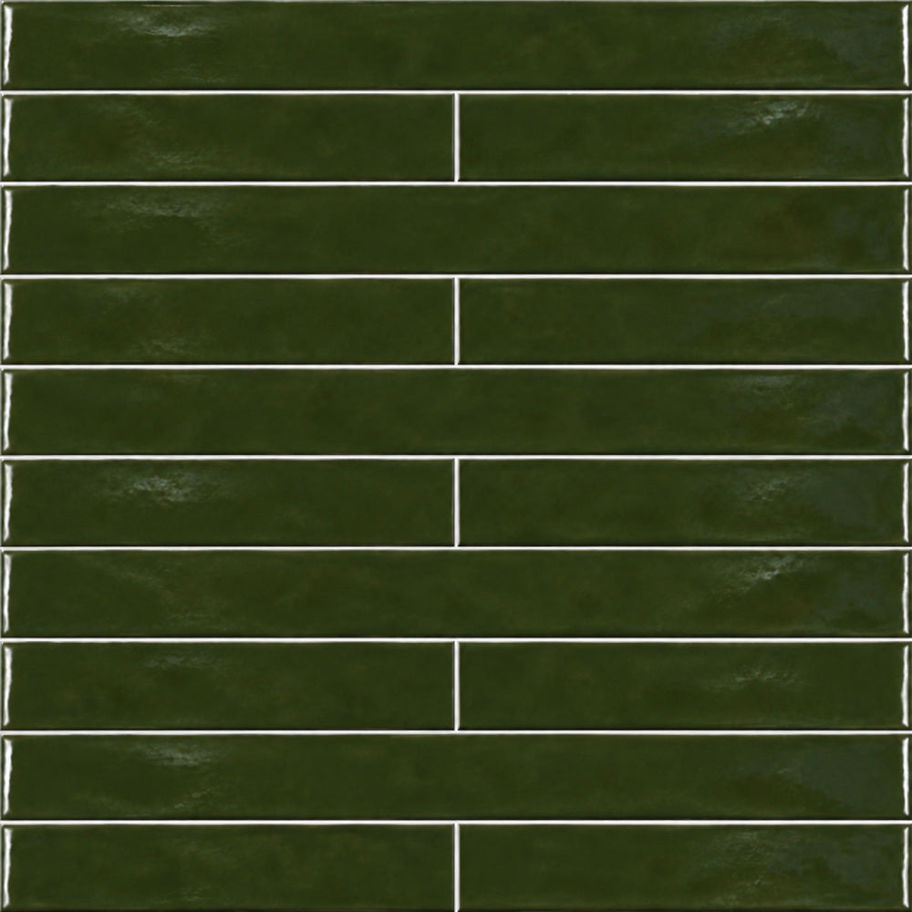 Ambrya emerald 2x20 glossy ceramic tile — straight-on close-up