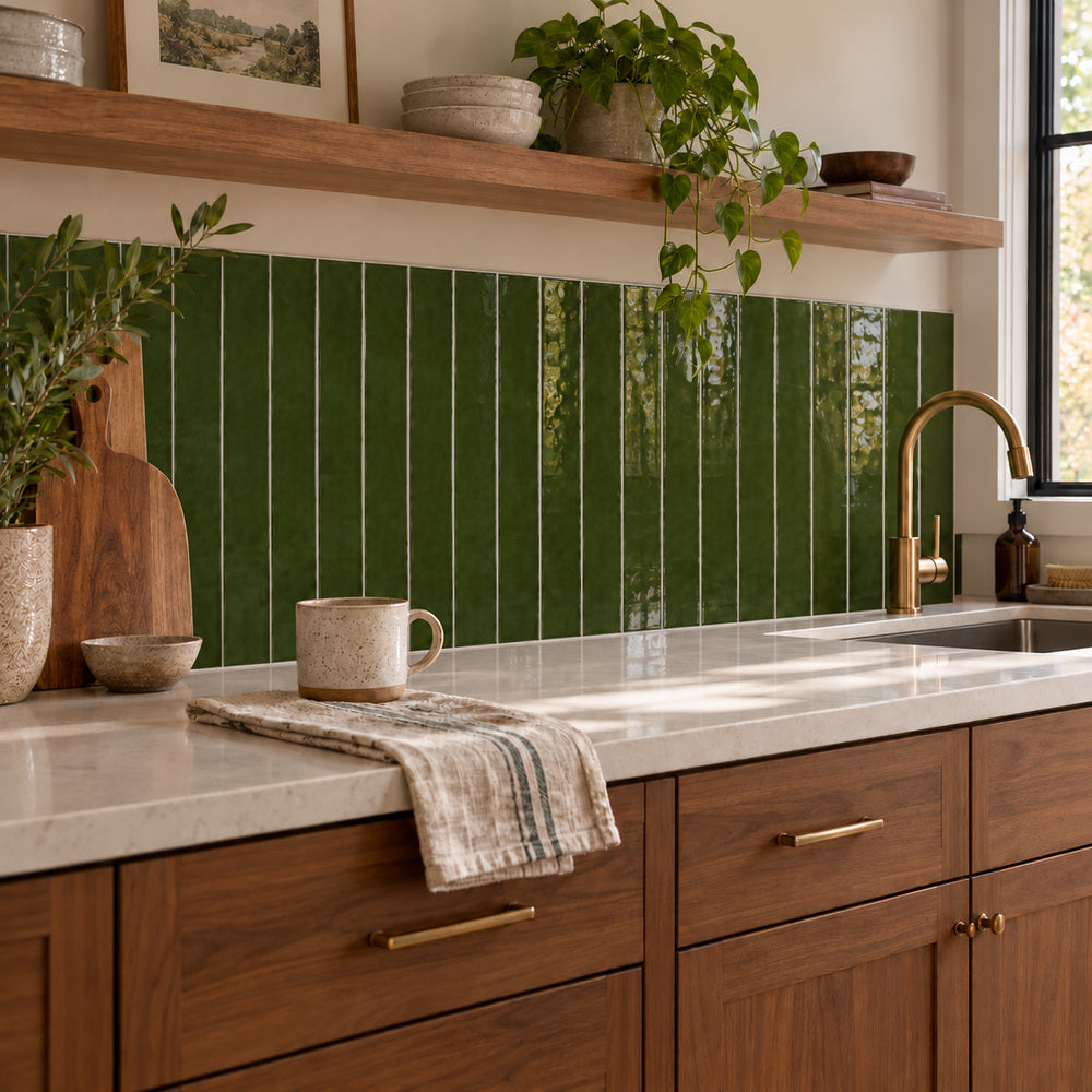 Ambrya emerald 2x20 glossy ceramic tile — room scene