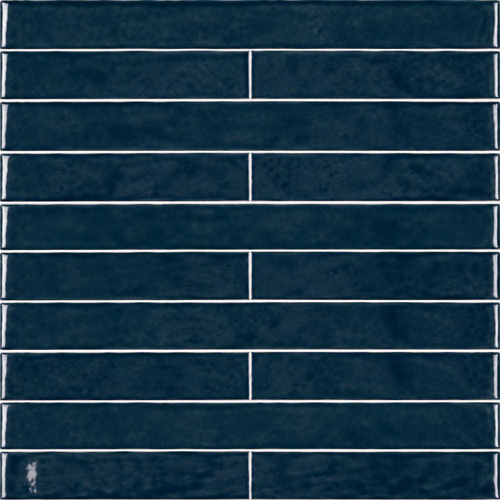 Ambrya sapphire 2x20 glossy ceramic tile — straight-on close-up