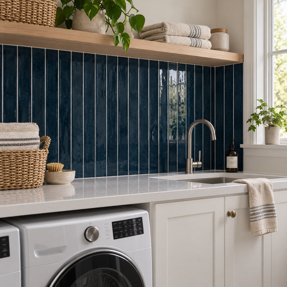 Ambrya sapphire 2x20 glossy ceramic tile — room scene