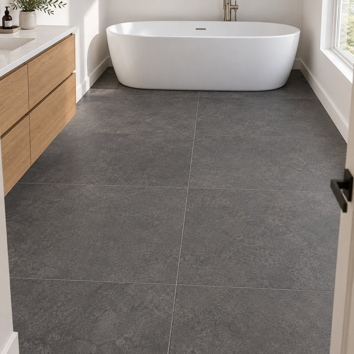 Anthraconic 24x48 R Porcelain Tile Matte — bathroom floor visualization