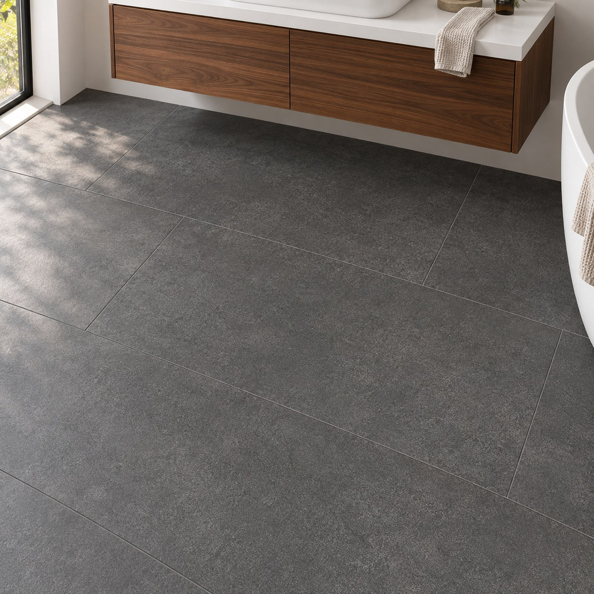 Anthraconic 24x48 R Porcelain Tile Matte — bathroom floor and vanity visualization