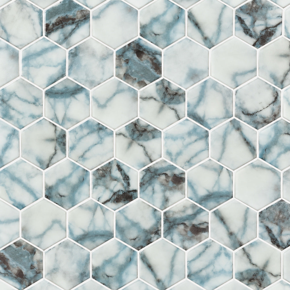 Aquatic Azul Hexagon Glass 11.25x11.25 Mosaic Tile — closeup
