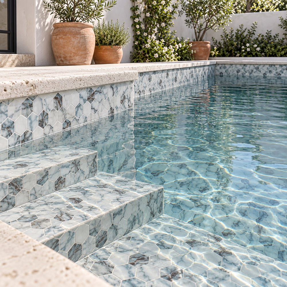 Aquatic Azul Hexagon Glass 11.25x11.25 Mosaic Tile — pool