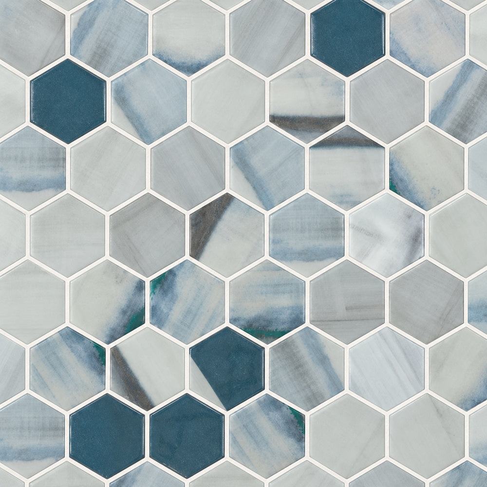 Aquatic Bluish Grey Hexagon Glass 11.25x11.25 Mosaic Tile — closeup