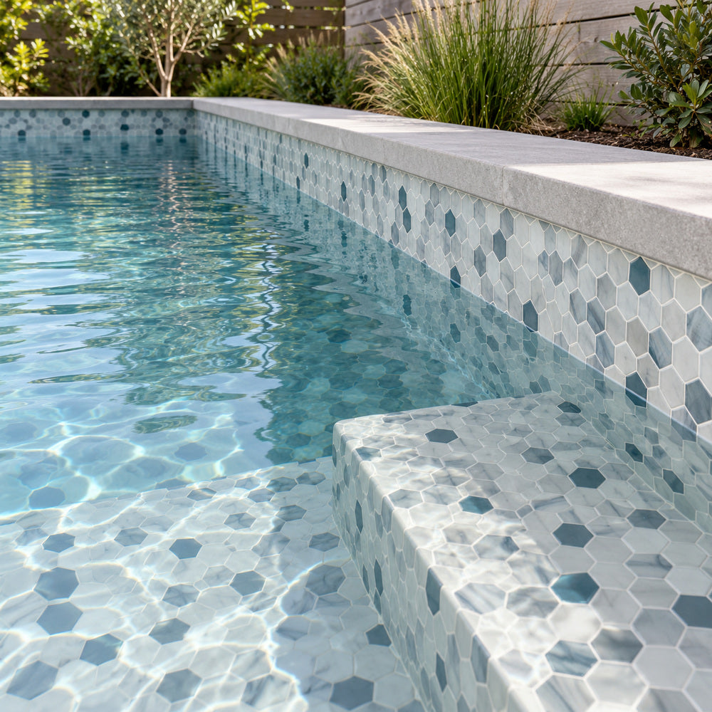 Aquatic Bluish Grey Hexagon Glass 11.25x11.25 Mosaic Tile — pool