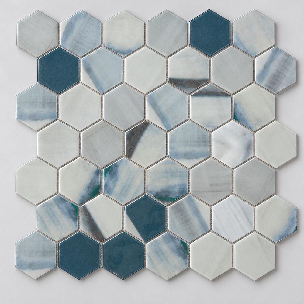 Aquatic Bluish Grey Hexagon Glass 11.25x11.25 Mosaic Tile — product