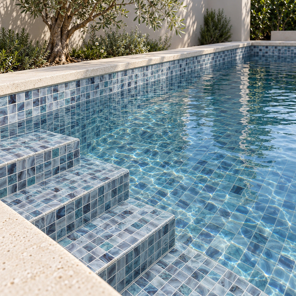 Aquatic Borneo Glass 12.25x18.5 Mosaic Tile Polished — pool
