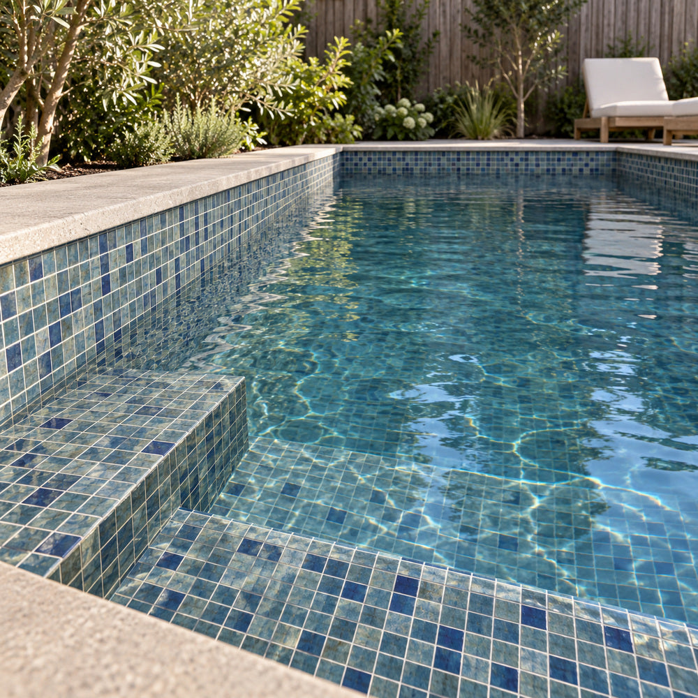 Aquatic Forest Blue Glass 12.25x18.5 Mosaic Tile Polished — pool