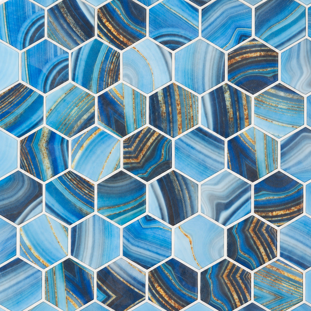 Aquatic Onyx Blue Hexagon Glass 11.25x11.25 Mosaic Tile — closeup