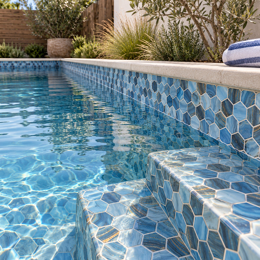Aquatic Onyx Blue Hexagon Glass 11.25x11.25 Mosaic Tile — pool