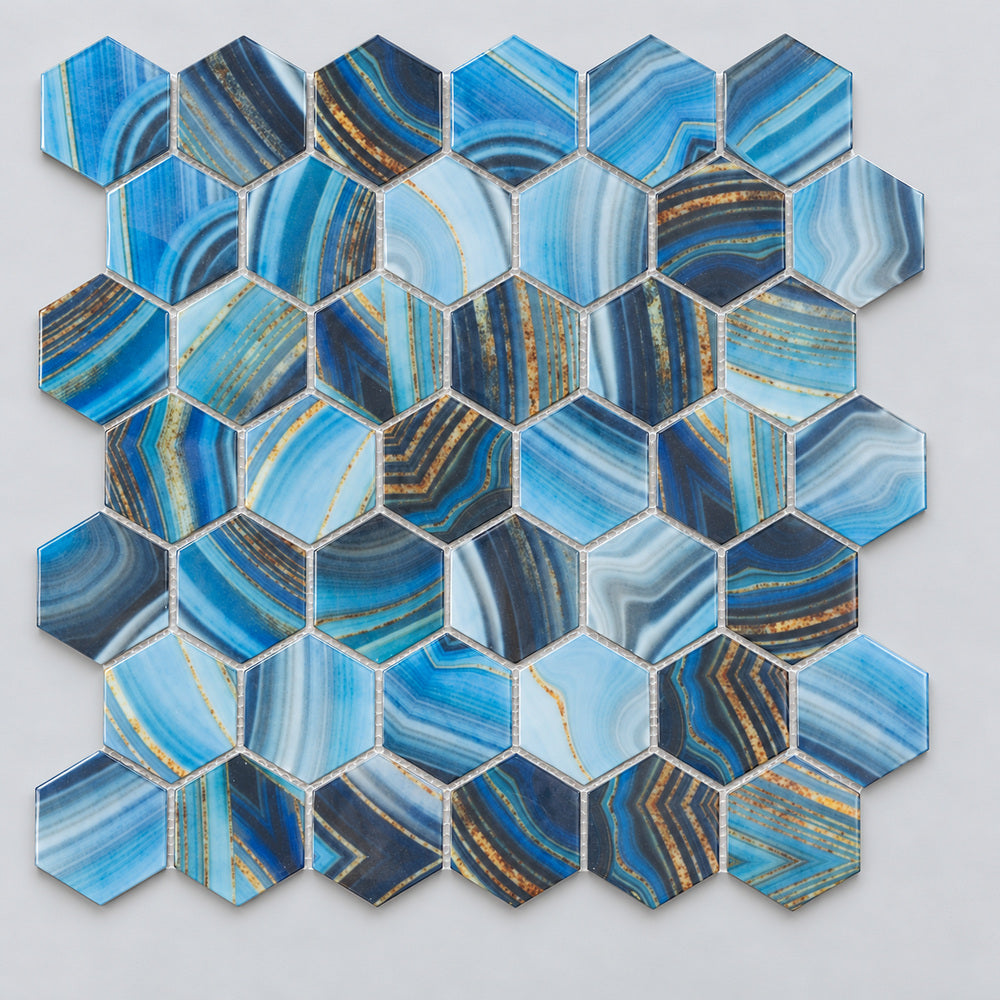 Aquatic Onyx Blue Hexagon Glass 11.25x11.25 Mosaic Tile — product