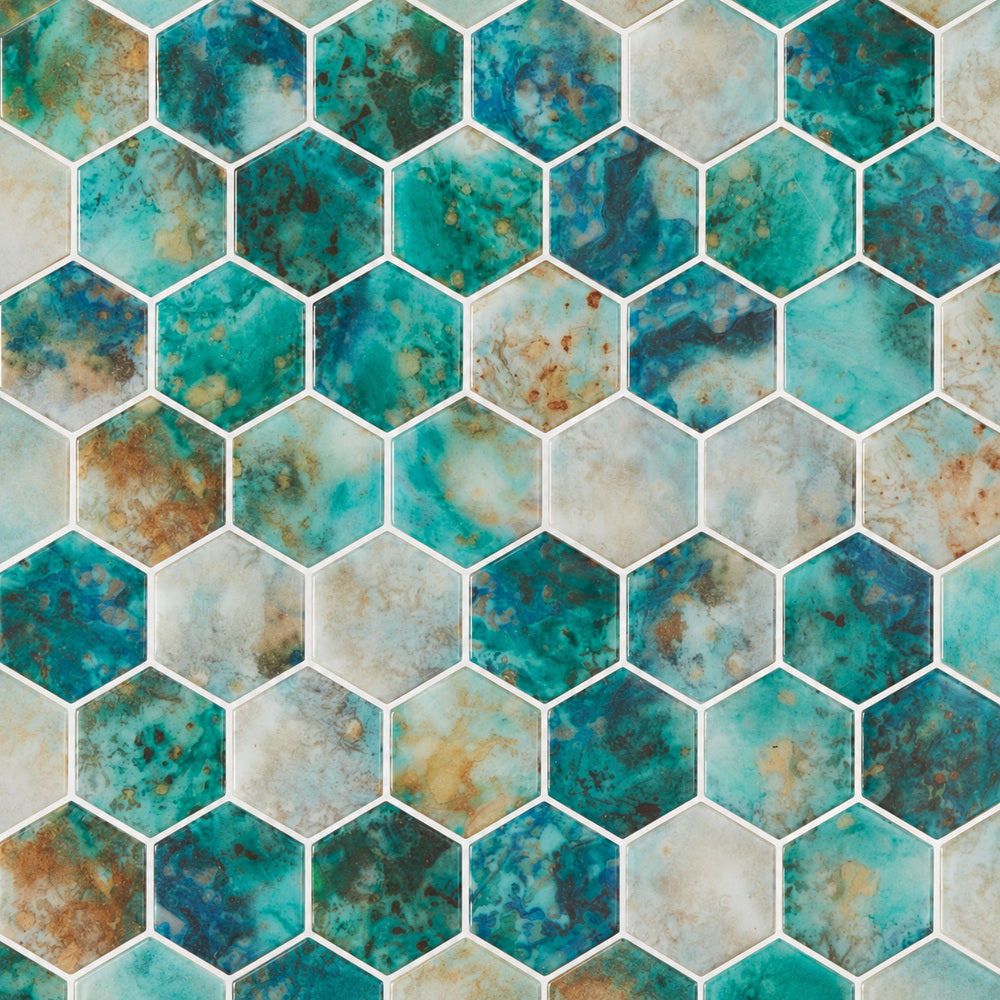 Aquatic Onyx Green Hexagon Glass 11.25x11.25 Mosaic Tile Polished — closeup