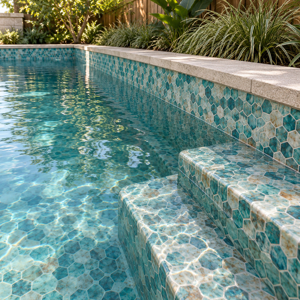 Aquatic Onyx Green Hexagon Glass 11.25x11.25 Mosaic Tile Polished — pool