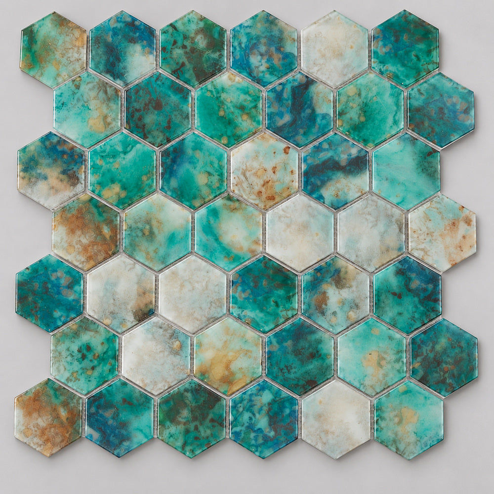 Aquatic Onyx Green Hexagon Glass 11.25x11.25 Mosaic Tile Polished — product