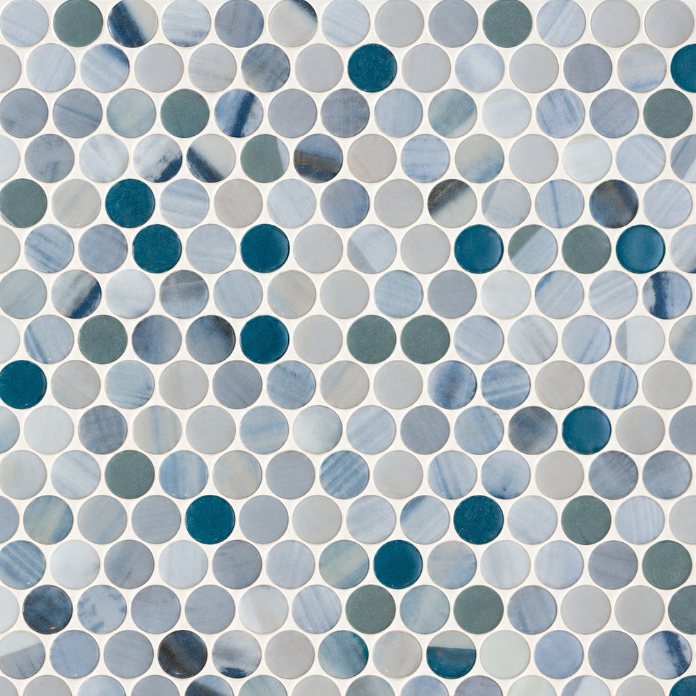 Aquatic Penny Bluish Gray Glass 11.25x11.25 Mosaic Tile — closeup