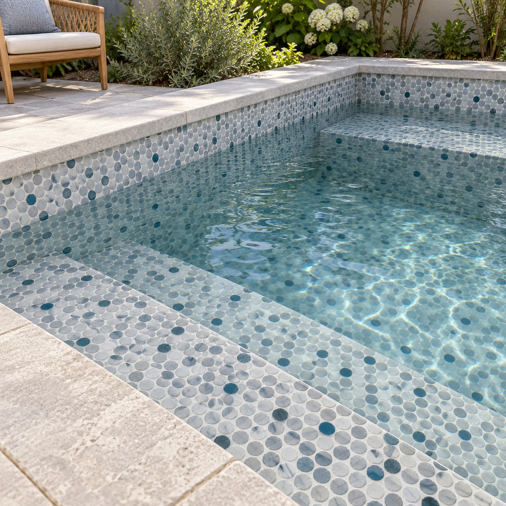 Aquatic Penny Bluish Gray Glass 11.25x11.25 Mosaic Tile — pool