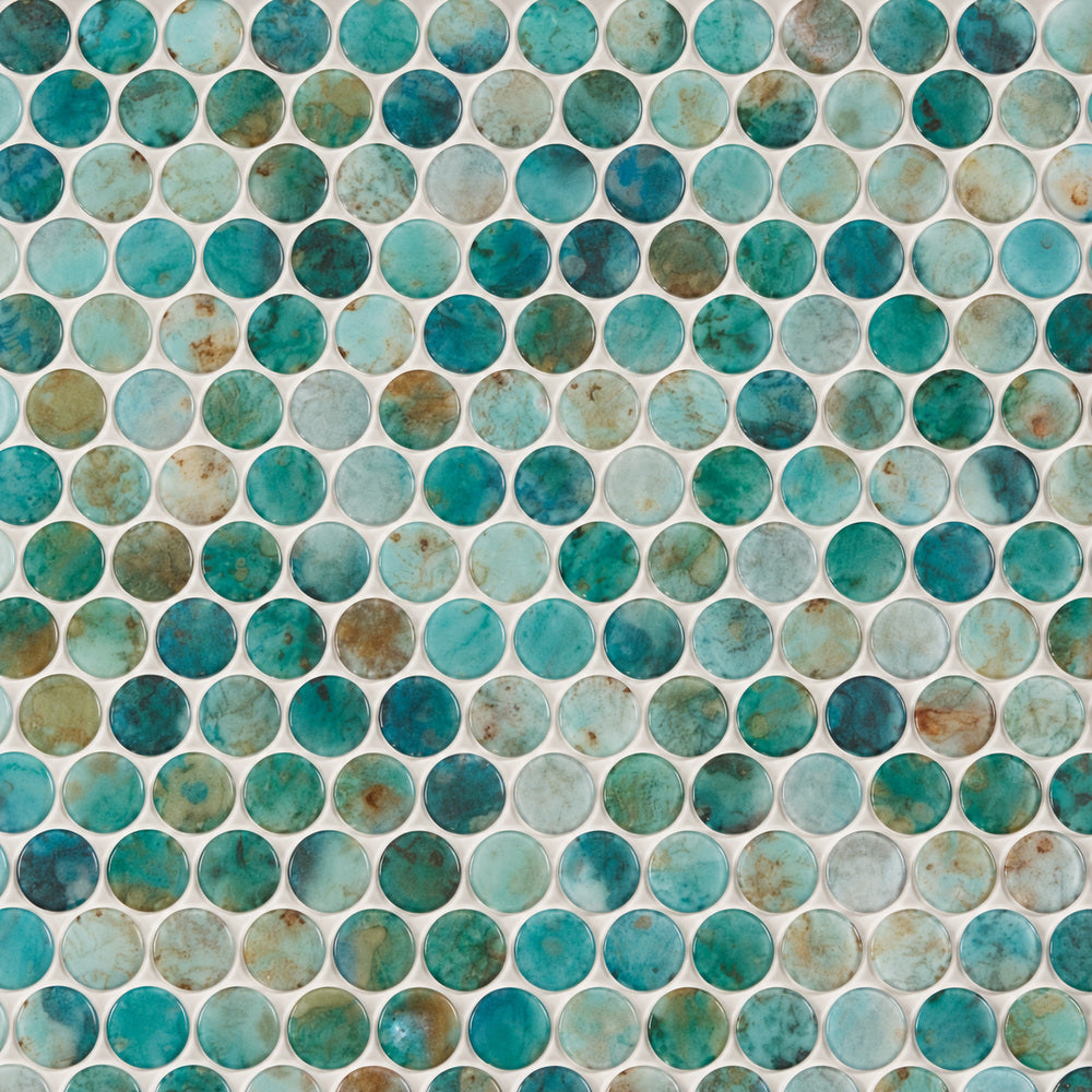 Aquatic Penny Green Glass 11.25x11.25 Mosaic Tile — closeup