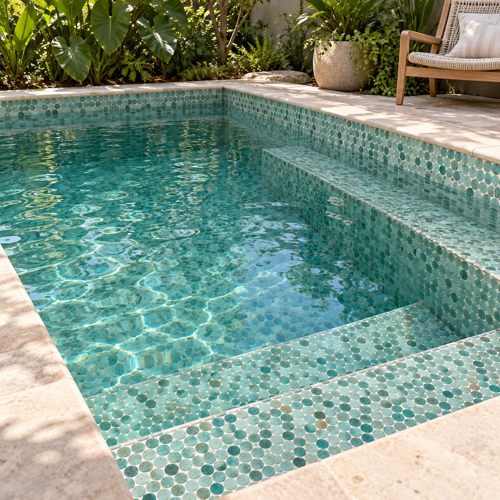 Aquatic Penny Green Glass 11.25x11.25 Mosaic Tile — pool