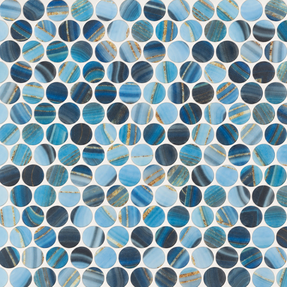 Aquatic Penny Onyx Blue Glass 11.25x11.25 Mosaic Tile Polished — closeup